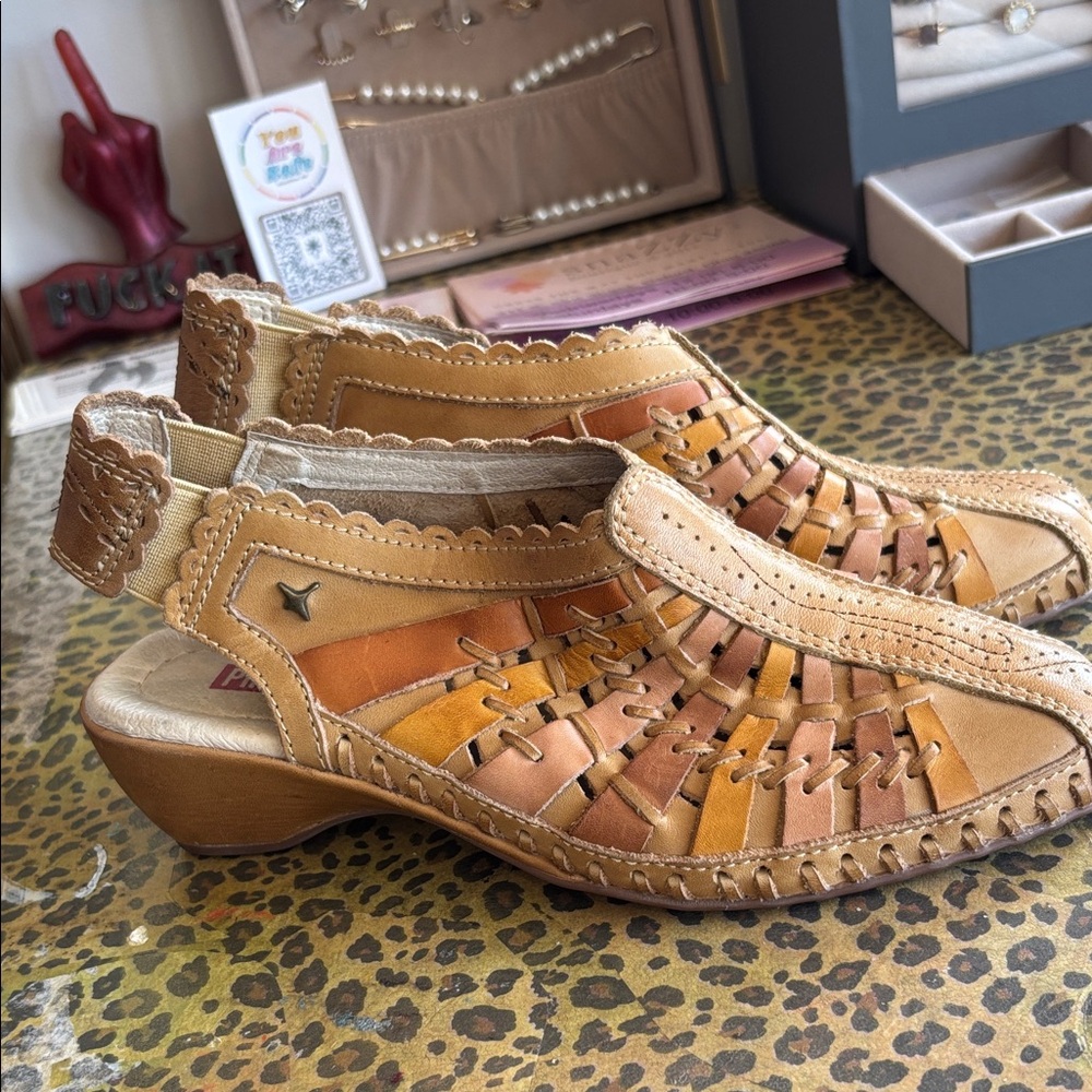 PIKOLINOS Brown and Tan Leather Mules